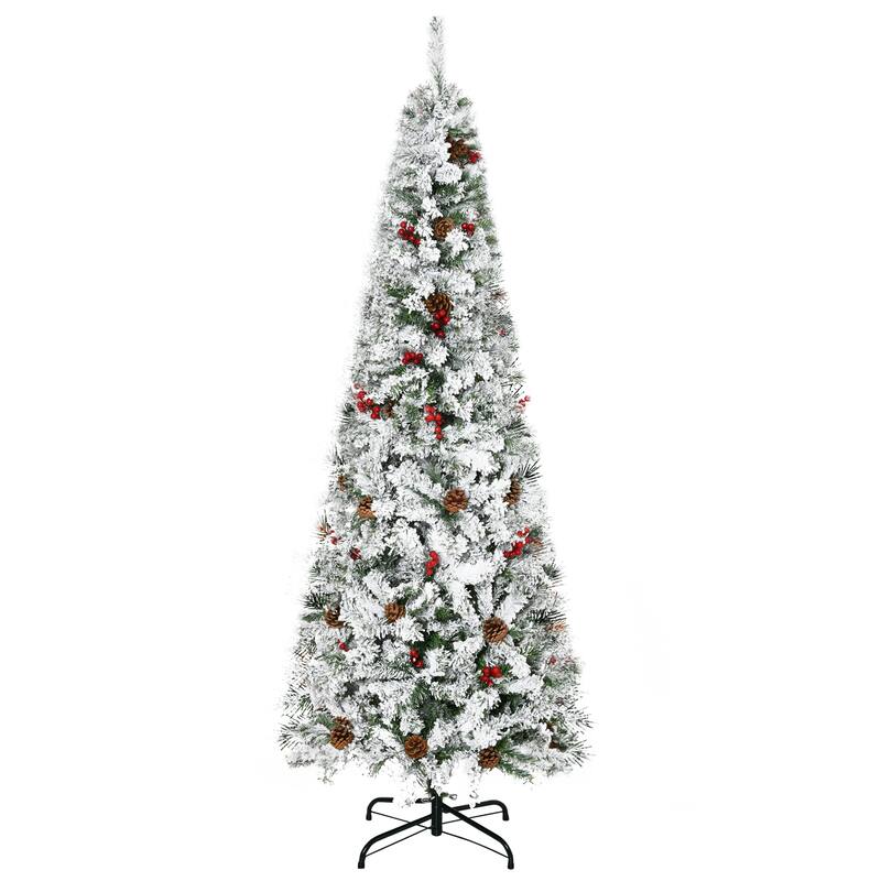 6' Unlit Snow Flocked Pencil Christmas Tree, 600 Tips, Pine Cones & Berries, Easy Assembly, Flame Retardant
