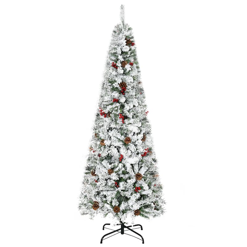 6ft/7.5ft Pencil Snow Flocked Christmas Tree with Pinecones and Berries