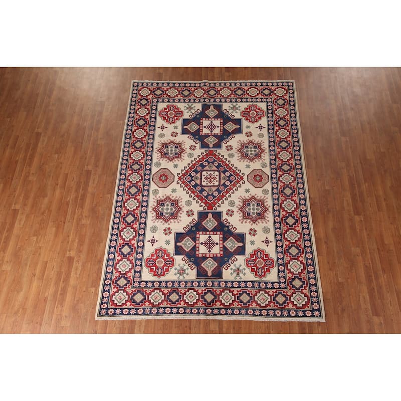 Ivory Geometric Kazak Area Rug Handmade Wool Carpet - 6'8" x 9'6"