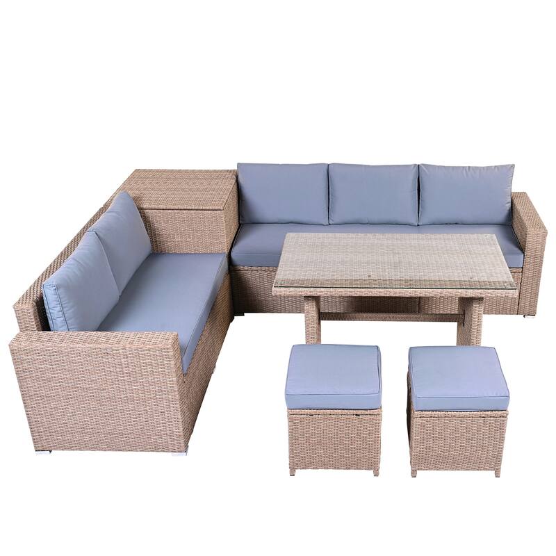 Roomfitters 6-Piece All-Weather PE Rattan Patio Sofa Set with Adjustable Seats, Storage Box and Glass Top Table