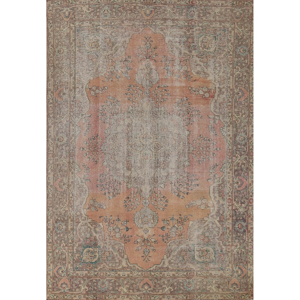 Orange Tabriz Persian Vintage Area Rug Handmade Wool Carpet - 7'9"x 11'0"