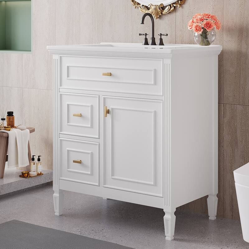 Roomfitters 30" Bathroom Vanity with Ceramic Sink, Solid Wood Frame with Flip Drawer, 2 Side Drawers & Adjustable Shelf - White