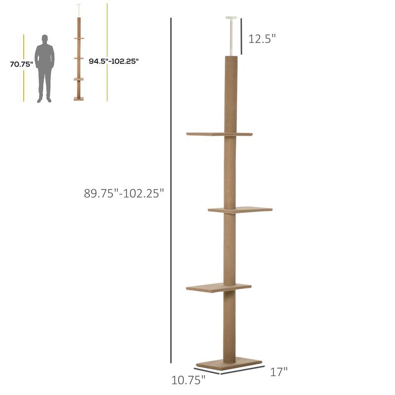 PawHut Floor-to-Ceiling Cat Tree Cat Climbing Tower with Sisal-Covered Scratching Posts Natural Cat Tree Activity Center
