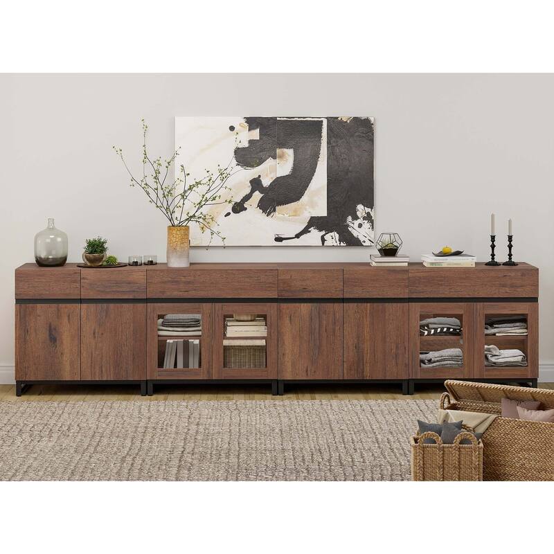 4 in 1 Modern Dresser with Glass Doors & 2 Drawers, featuring an adjustable shelf and metal base for organized storage
