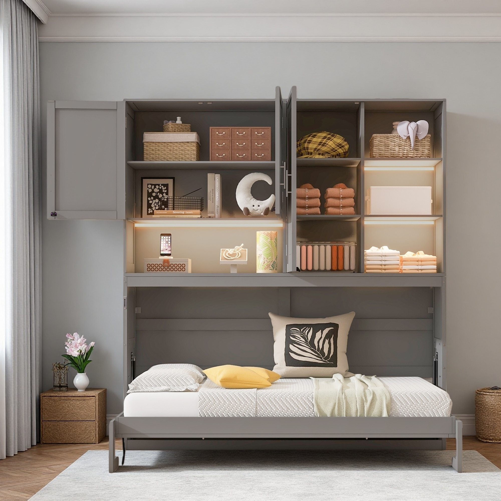 Twin Size Plywood & MDF Murphy Bed with Top Cabinet, Shelves, LED Light & USB Ports, Foldable Wall Bed for Small Apartments