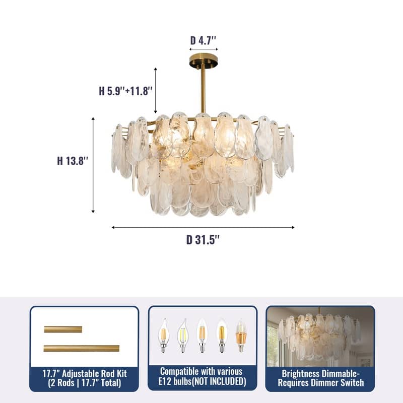 Modern Gold Cloud Glass Chandelier, 23.6" 3-Tier Round Crystal Pendant Light, 9-Light Luxury Ceiling Fixture for Dining Room