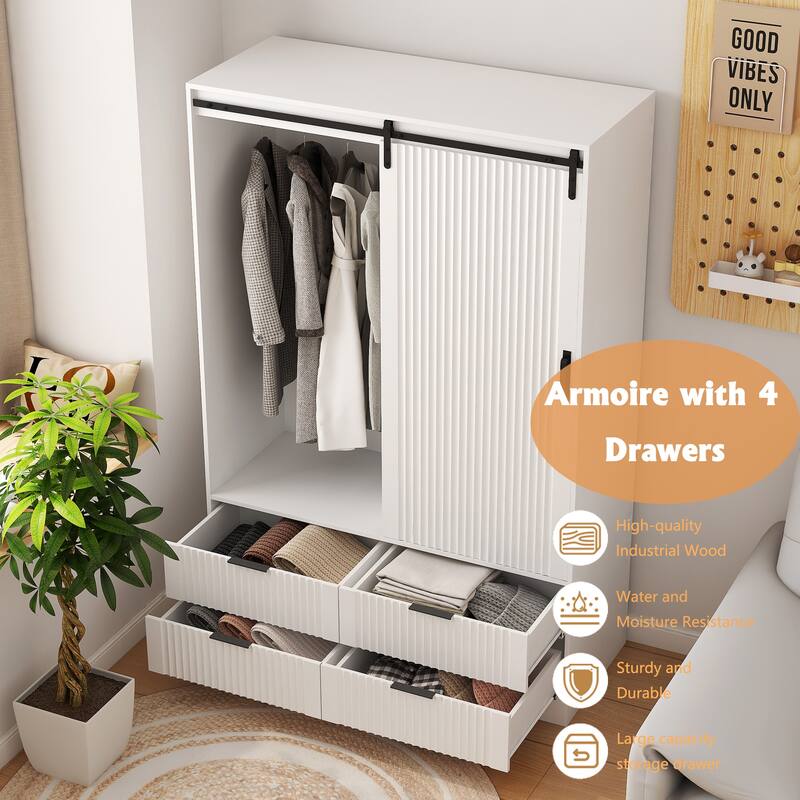 Armoire Wardrobe Closet, Wardrobe Cabinet with Sliding Barn Door, 4 Drawers,Adjustable Shelves & Hanging Rod