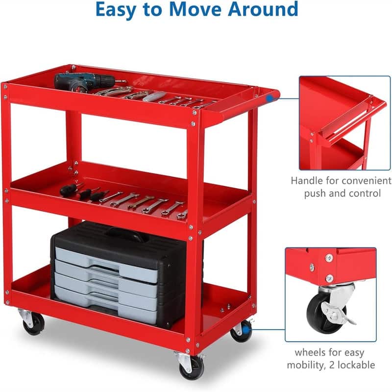 3 Tier Rolling Tool Cart, 330 Lbs Capacity, with Ergonomic Handle - 28.7"D x 14.2"W x 29.1"H