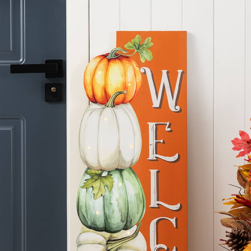 Glitzhome 42"H Lighted Fall Wood Stacked Pumpkins Welcome Porch Sign w/Timer