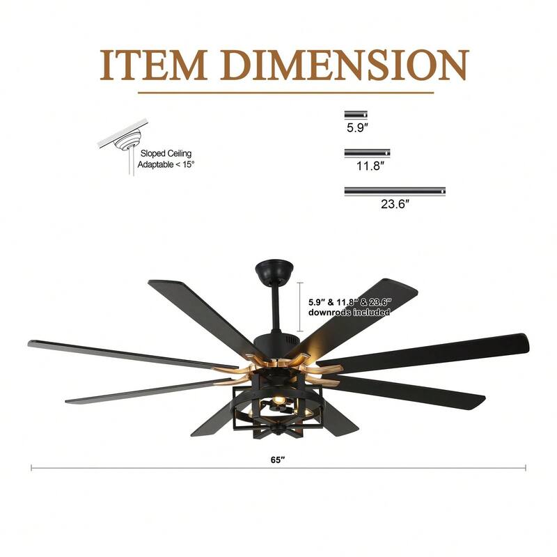 Cusp Barn 65in. Industrial Large Caged Ceiling Fan with Light, Quiet DC Motor 6-speed Reversible 8-Blade Ceiling Fan for Bedroom