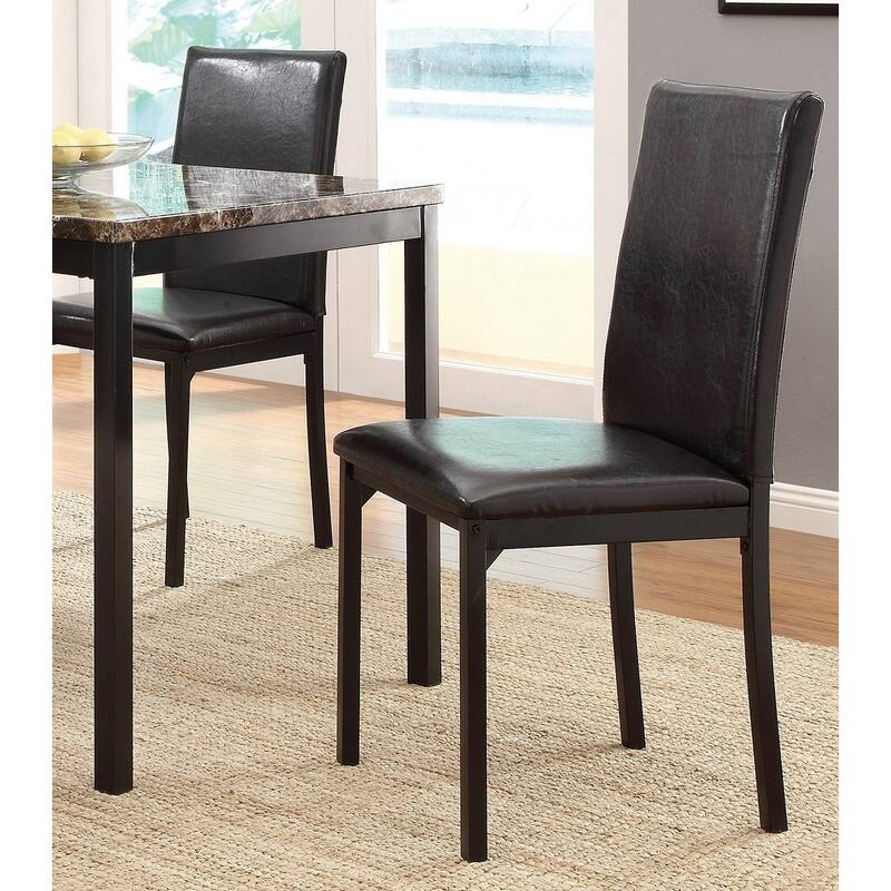Black Metal Finish 5pc Dining Set Faux Marble Tabletop and 4x Side Chairs Transitional Small Dining Room Furniture