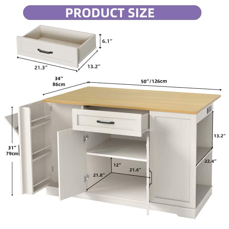Moasis 50" Kitchen Island with Power Outlet & Drop Leaf,Rolling Island Cart with Trash Can Cabinet