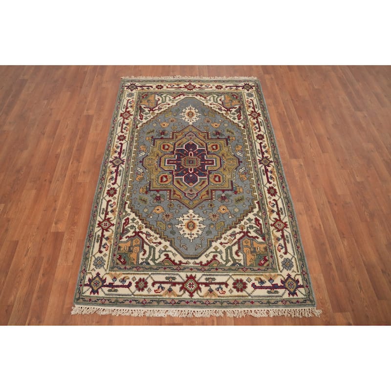 Hand Knotted Oriental 100% Wool Carpet Traditional Medallion Greys & Charcoal Heriz (serapi) Area Rug - 6' 1'' X 4' 0''