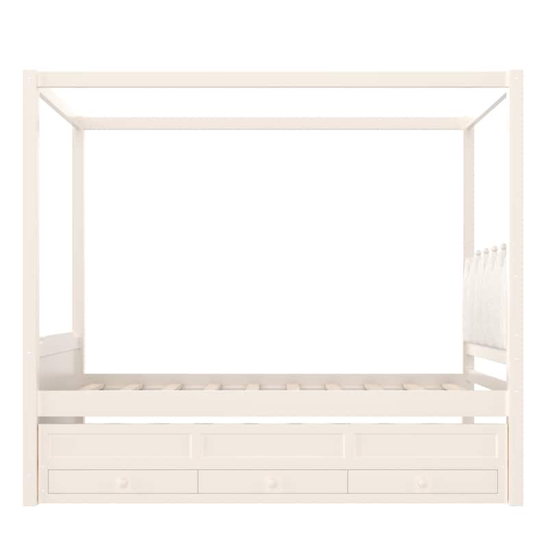 Full/Twin Platform Bed with Upholstered Headboard, Trundle & 3 Drawers, Princess Canopy Bed