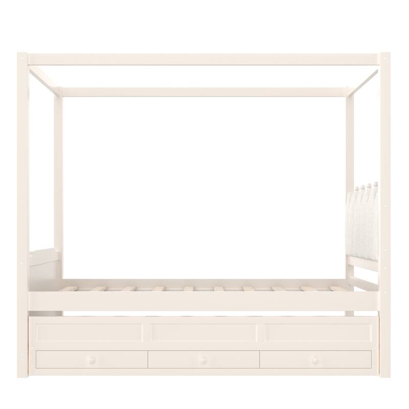 Roomfitters Canopy Bed with Trundle and Drawers, Upholstered Crown Headboard, Solid Wood Frame