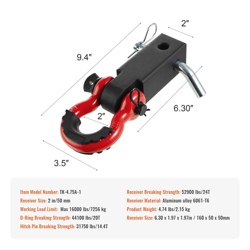 Shackle Hitch Receiver, Fits 2" Receivers, 52900 lbs Breaking Strength, D Ring Shackle with Trailer Hitch Lock Pin, Heavy Duty