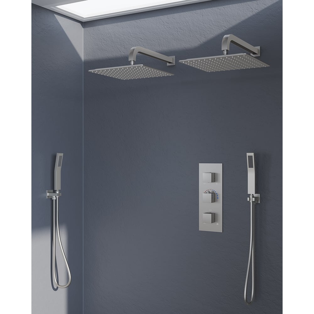 GRANDJOY 12 inch Wall Mounted Dual Shower Heads with Handheld Spray Combo Thermostatic High Pressure Shower System