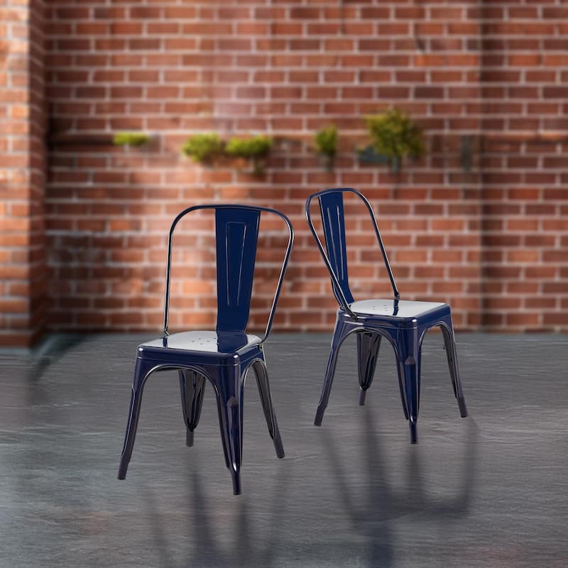 Industrial Metal 18 Inch Stackable Dining Chair Set - Set of 2 - Dark Blue