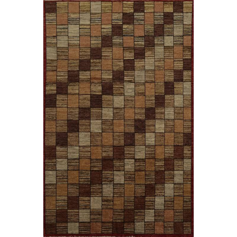 Hand Knotted Oriental 100% Wool Carpet Modern Geometric Brown Gabbeh Area Rug - 6' 6'' X 4' 10''