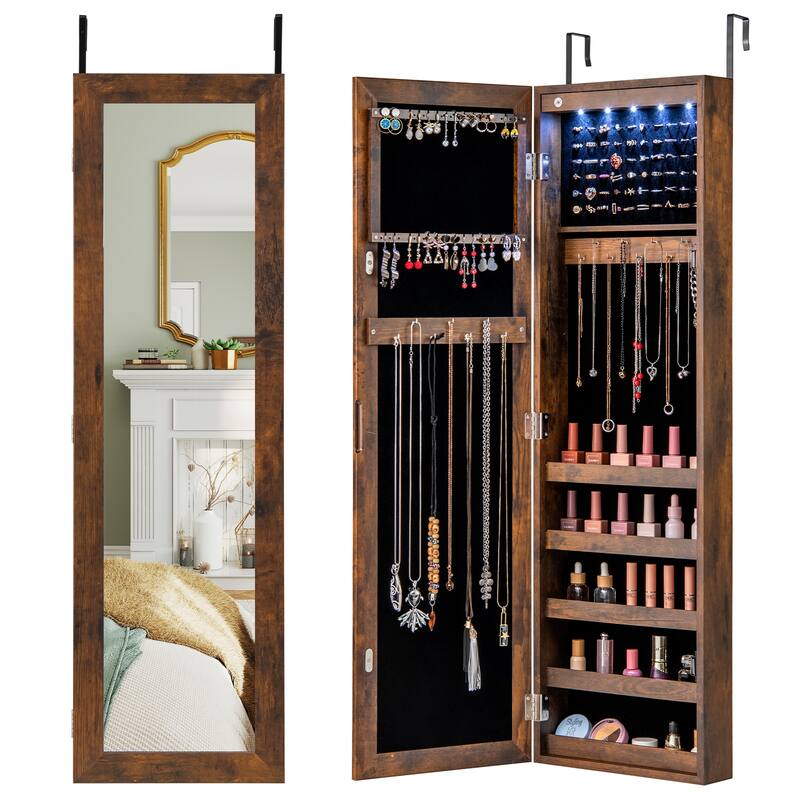 Wall Mounted or Door Hanging Jewelry Cabinet with Full Length Mirror and LED Lights - 12.5" x 3.7" x 42"