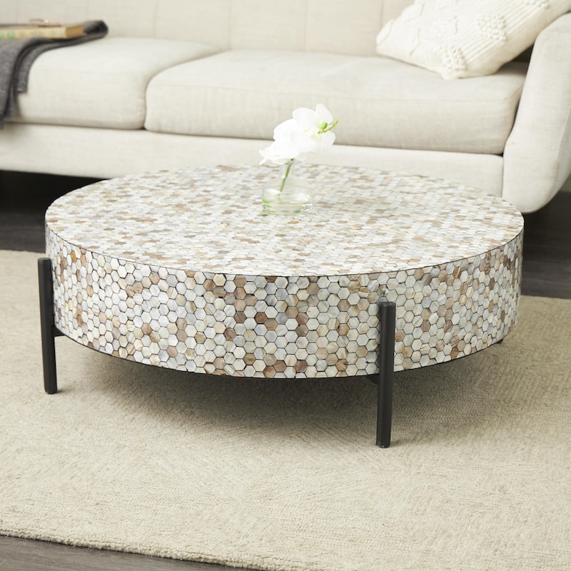 Mother of Pearl Shell Geometric Handmade Round Mosaic Inlay Coffee Table with Black Metal Legs - Roche River Decor