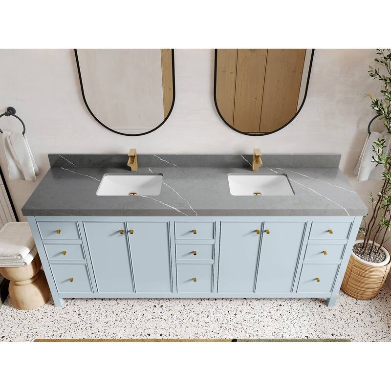 Willow Collections 84 in. W x 22 in. D Chicago Double Bowl Sink Bathroom Vanity with Countertop - 2”Piatra Gray - Blue Heather