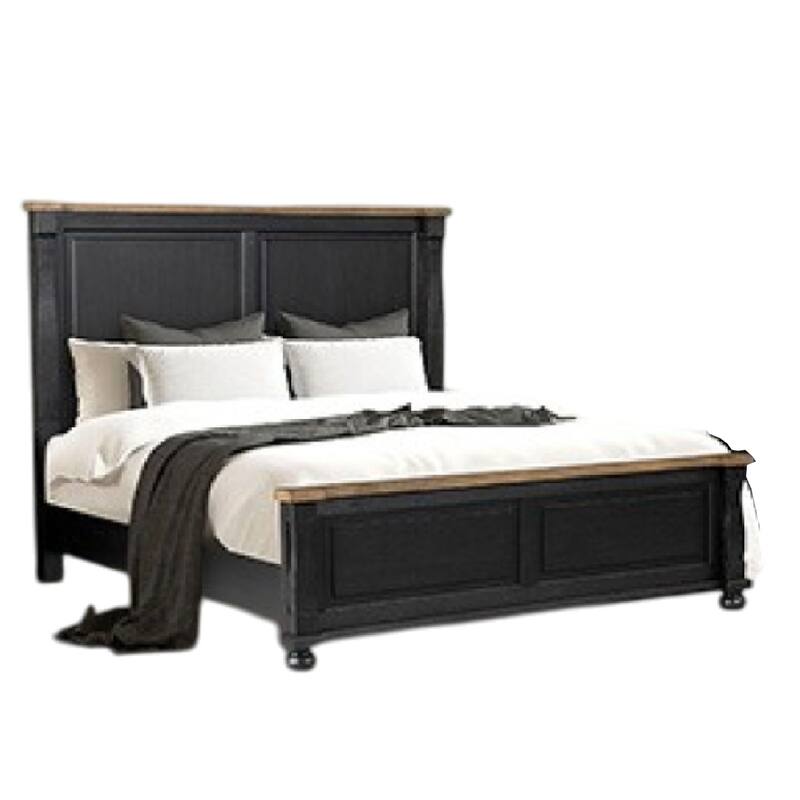 Ginie King Bed, Tall Headboard, Farmhouse Legs, Black Oak Brown Oak