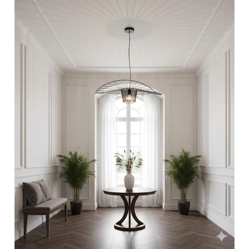 1-Light Black Iron Pendant In A "Hat" Shape