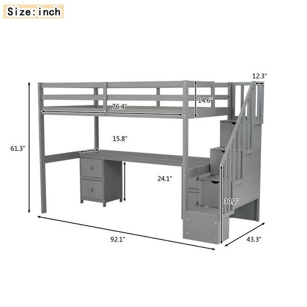 dimension image slide 0 of 2, Twin Size Loft Bed Frame with Built-in Desk and Double Storage Drawers