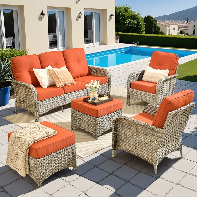 XIZZI Outdoor Patio Furniture Conversation Set with Fire Table - 5-Piece - Red/Orange