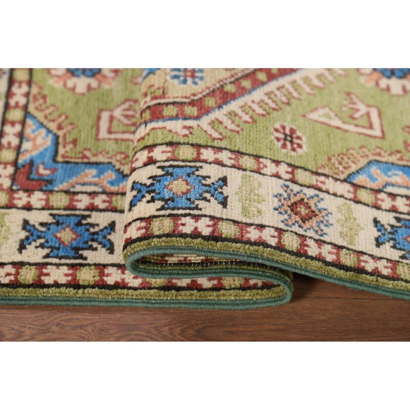 Hand Knotted Oriental 100% Wool Carpet Traditional Geometric Green Kazak Area Rug - 3' 1'' X 2' 0''