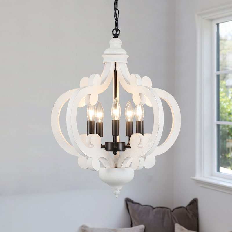 5-Light Country Wood Chandelier Light Fixture for Kitchen Island Dining Room - Black+Retro White