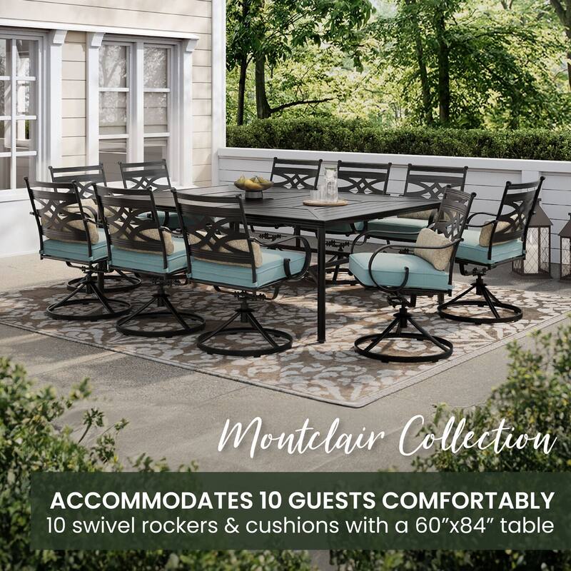 Hanover Montclair 11-Piece Dining Set in Ocean Blue with 10 Swivel Rockers and a 60-In. x 84-In. Table
