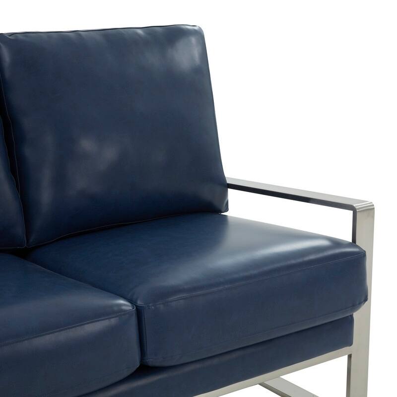 Jefferson Modern Leather Loveseat with Brushed Silver Stainless Steel Base, Removable Cushions, Sinuous Springs, Fully Assembled
