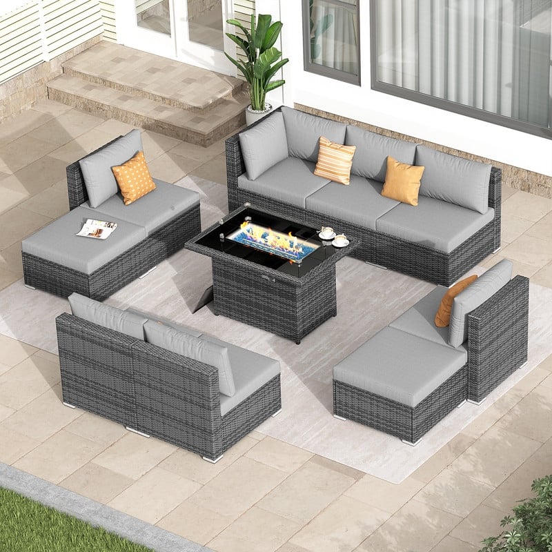 FINCATI 10-Piece Outdoor Wicker Sectional Furniture Set with Fire Pit Table for Backyard Patio - 10 PCS