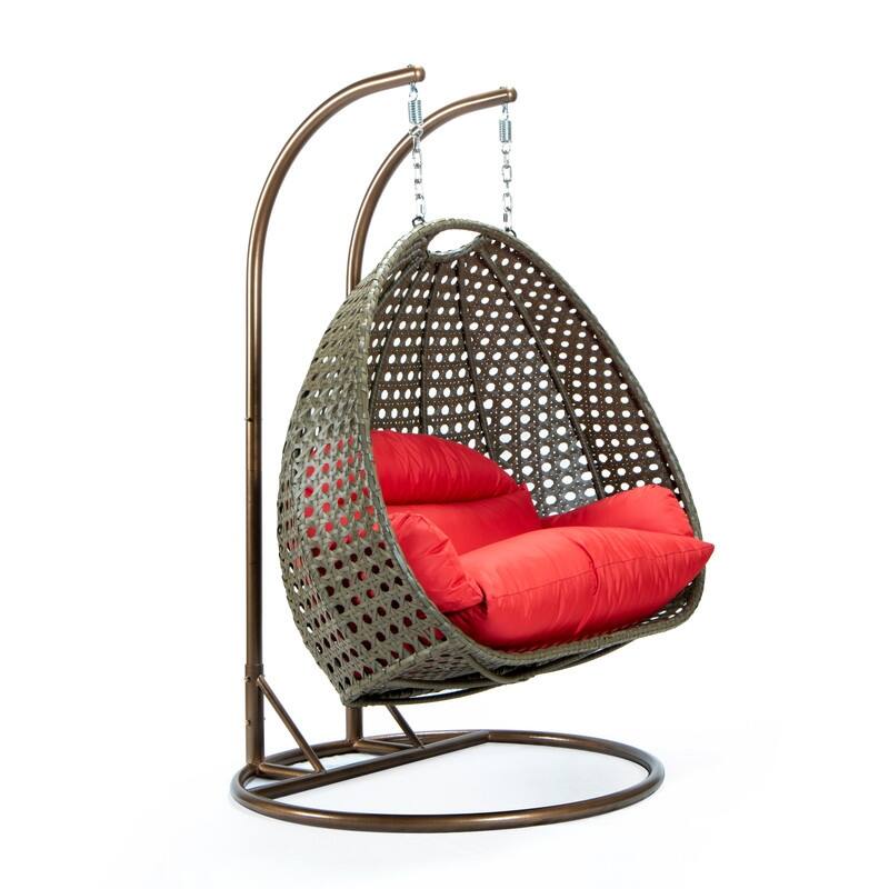 LeisureMod Modern 2-Person Egg Hanging Swing Chair with Beige Wicker, Oxford Fabric Cover, Patio Hammock Lounger and Cushions