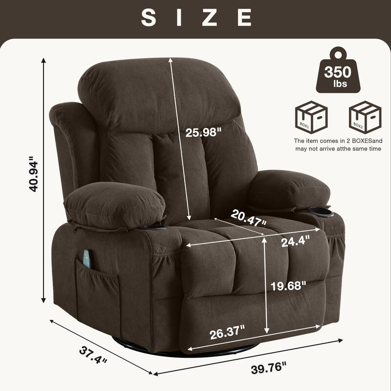 Swinging Recliner Massage Heated Sofa with USB, Cup Holders, Side Pockets, Eight Acupoint Massage