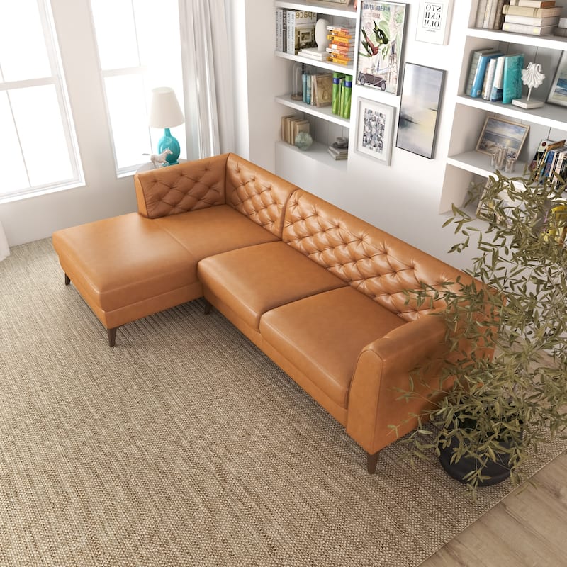 Florentina Modern Chesterfield Tufted Living Room Top Leather Corner Sectional Sofa in Cognac Tan