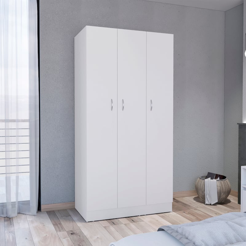 19.69" Modern Three-door Armoire with 2 Drawers and Hanging Rod for Bedroom - White