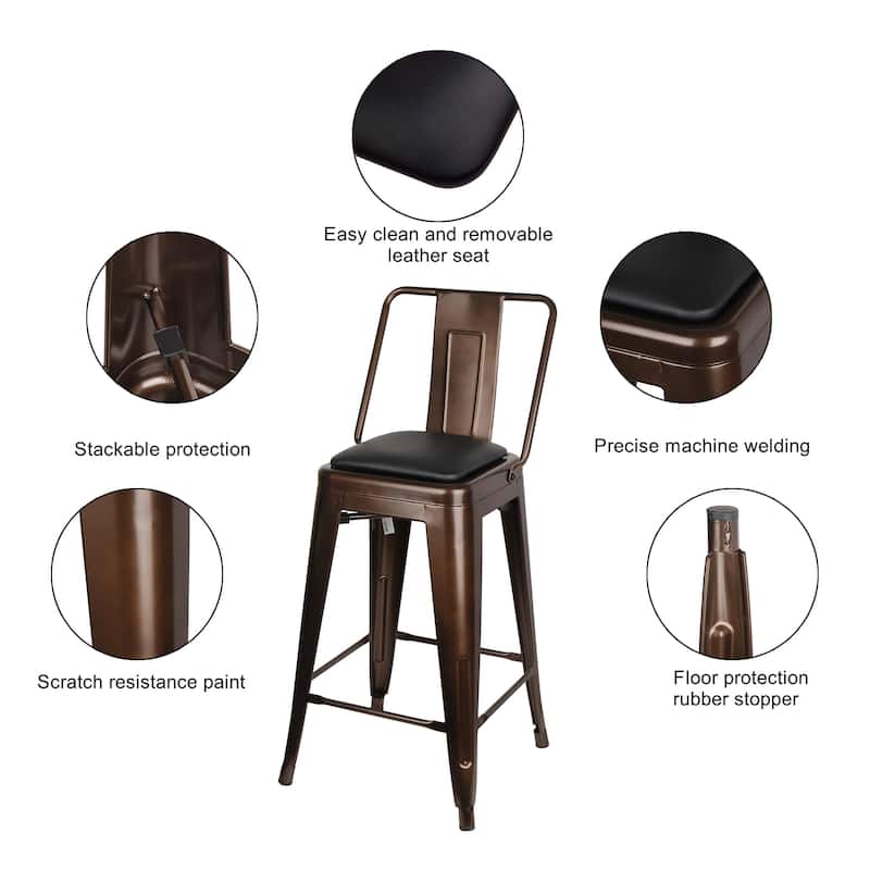 24" High Back Metal Stool with Leather Cushion-Set of 2