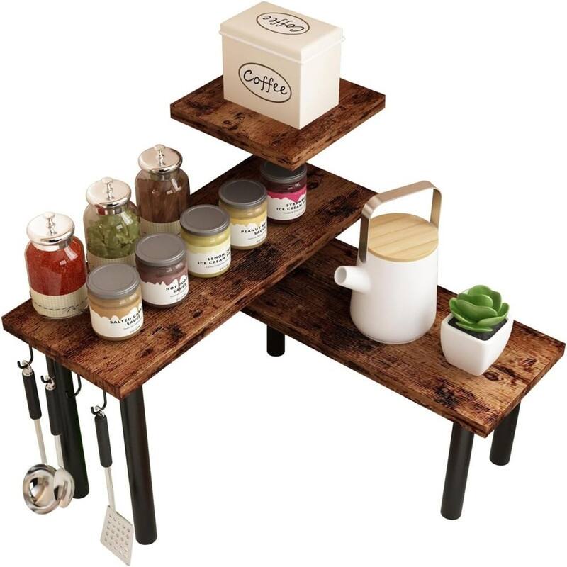 Bathroom Counter Organizer Corner Shelf - Rustic Brown, With Hooks