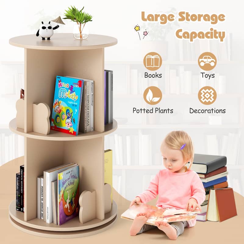 Coffee MDF Kids Rotating Bookshelf 8 Compartments 360-degree Swivel and Bear Baffles - 16"L x 16” W x 25.5" H