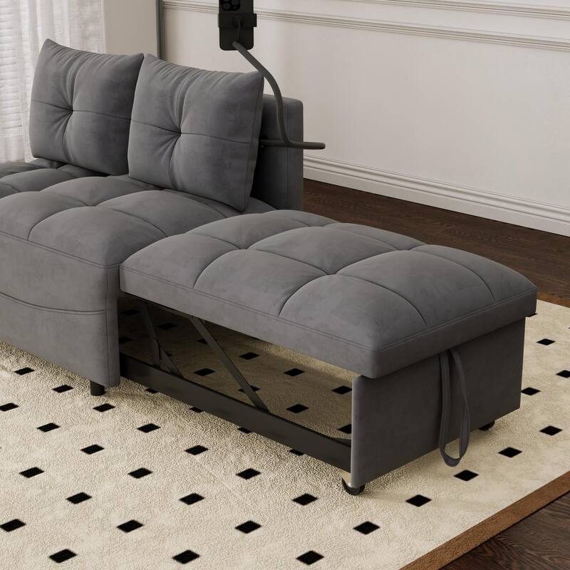 Velvet Pull-Out Bed Loveseat Sofa, Adjustable Back Tufted Futon Sofa with USB port and swivel Phone Stand, Pockets