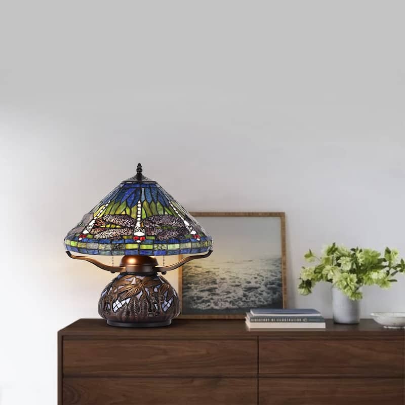 Shulba Dragonfly Base and Shade 2-Light Table Lamp Blue Tiffany Style Glass