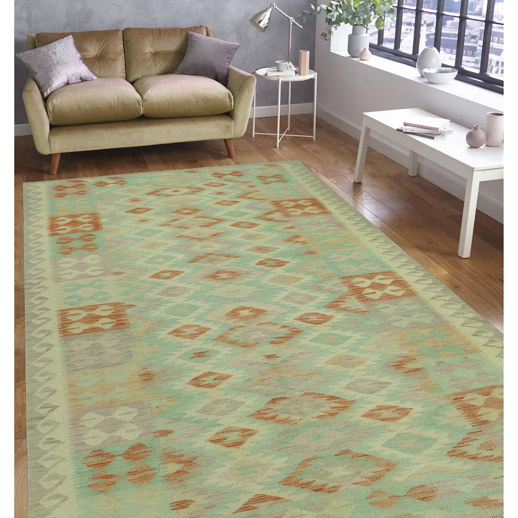 Sun Faded Flatweave Chasity Green/Red Rug - 6'6" x 9'9"