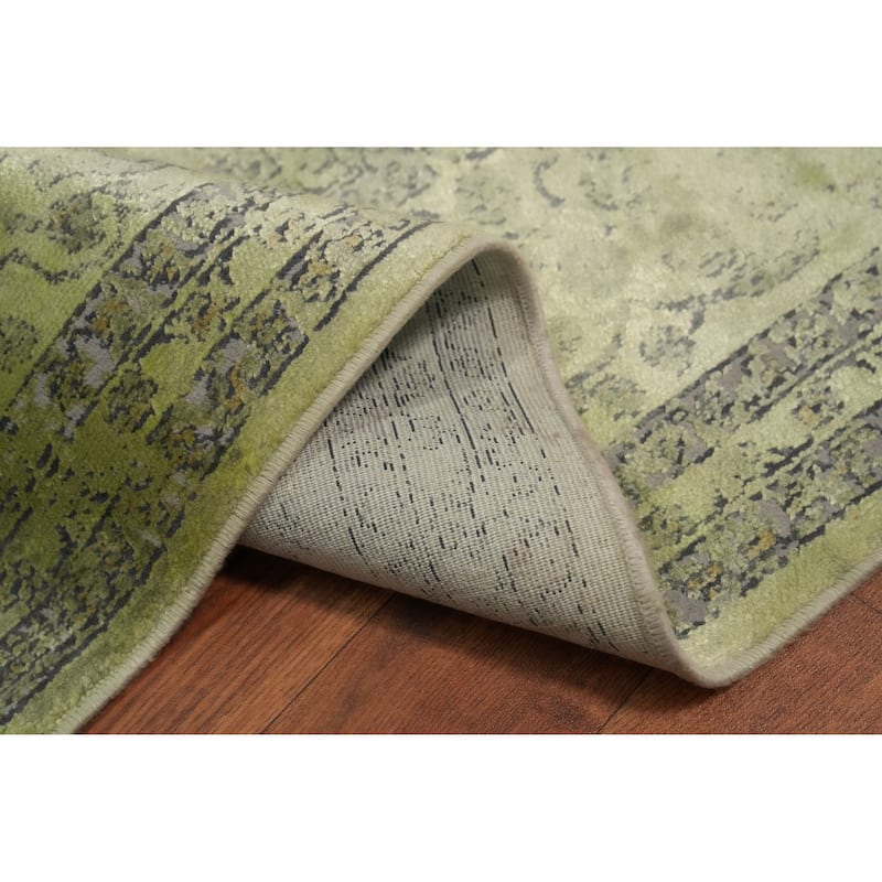 Machine Made Oriental Polyester Carpet Traditional Floral Green Tabriz Area Rug - 7' 5'' X 5' 2''