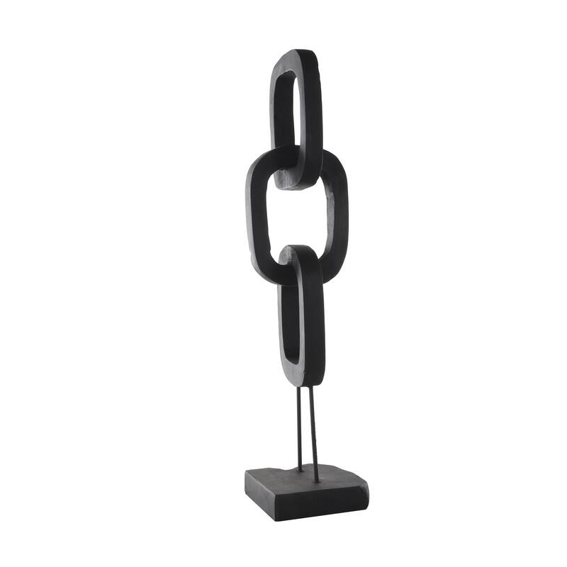 Black Teak Wood Tall 3 Link Chain Decorative Sculpture with Stand