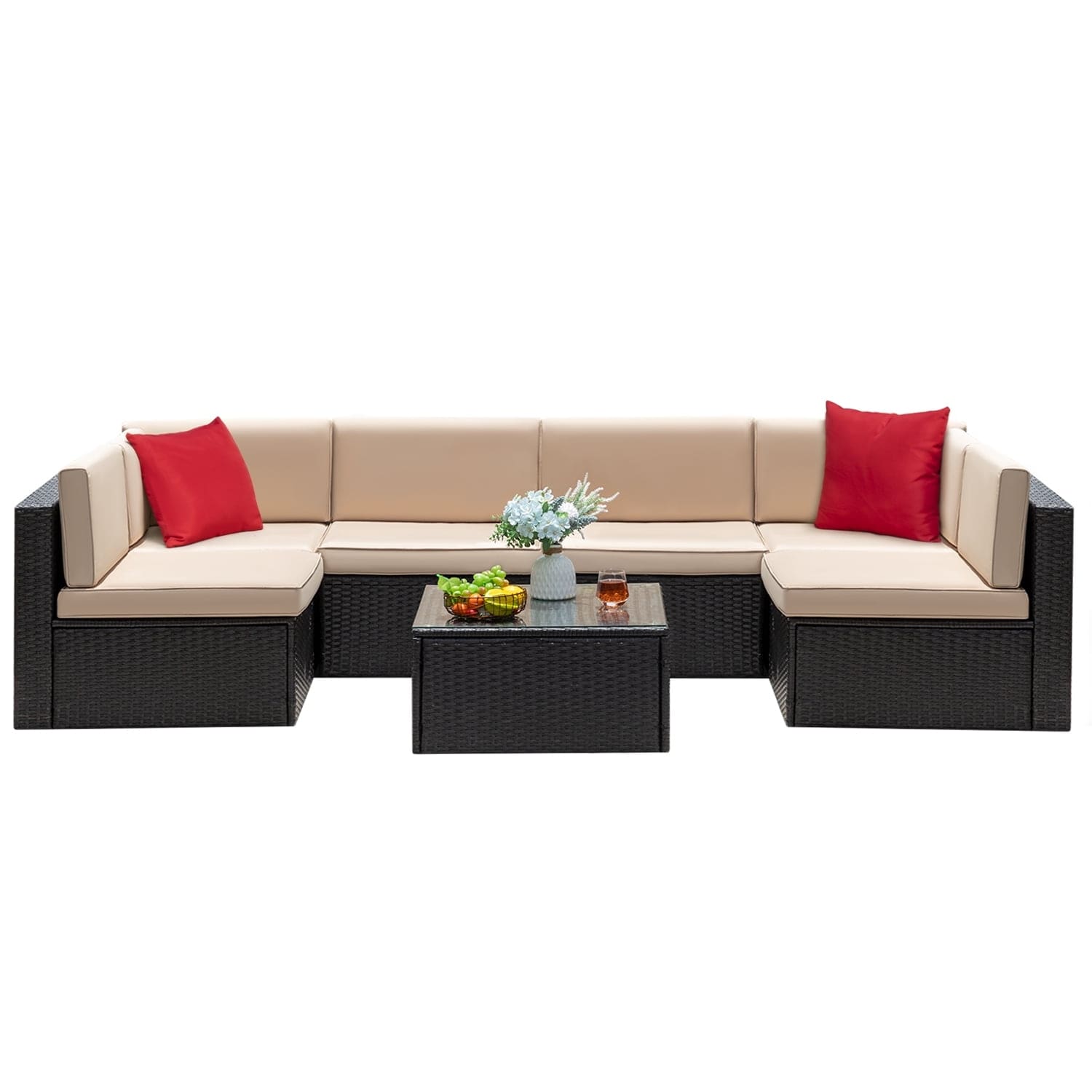 Furniwell 7-Piece Patio Furniture Set - Acacia Wood & Rattan