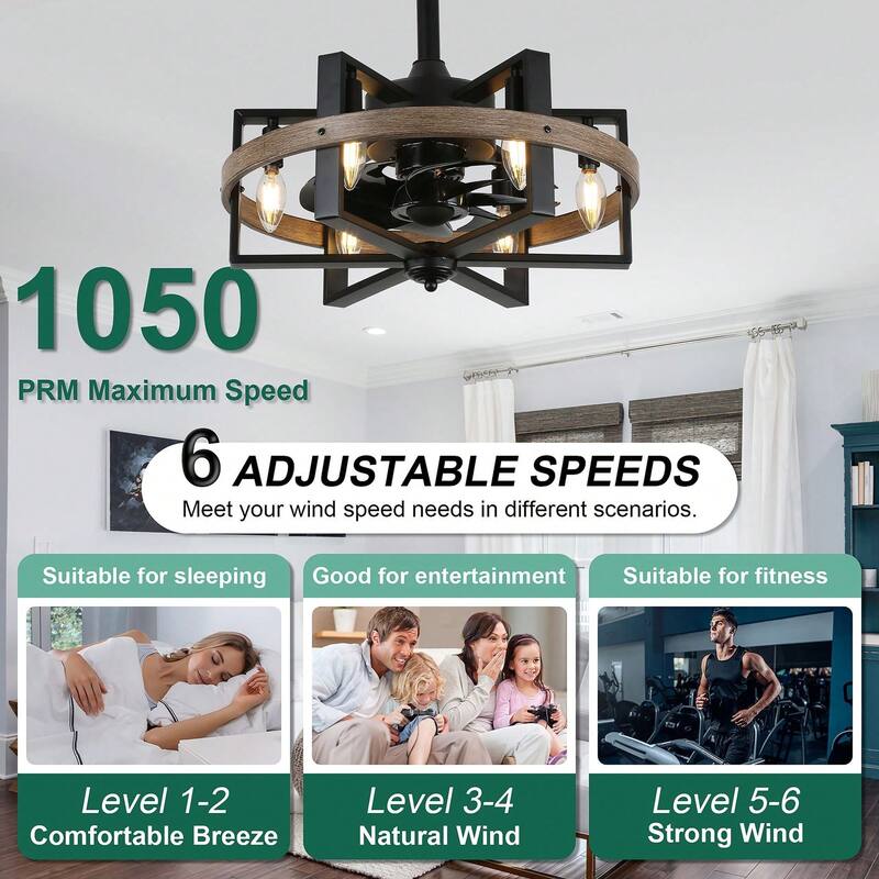 Cusp Barn 18 Inch Black Caged Fandelier Ceiling Fan with Light, Industrial Bladeless DC Motor Reversible Ceiling Fan for Bedroom