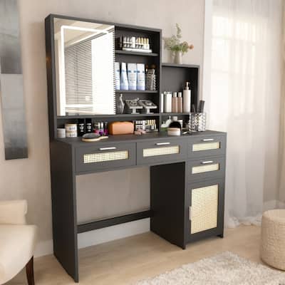 Makeup Vanity with Lights, Openable Mirror, 4-Drawers, Shelves & Cabinet, Black